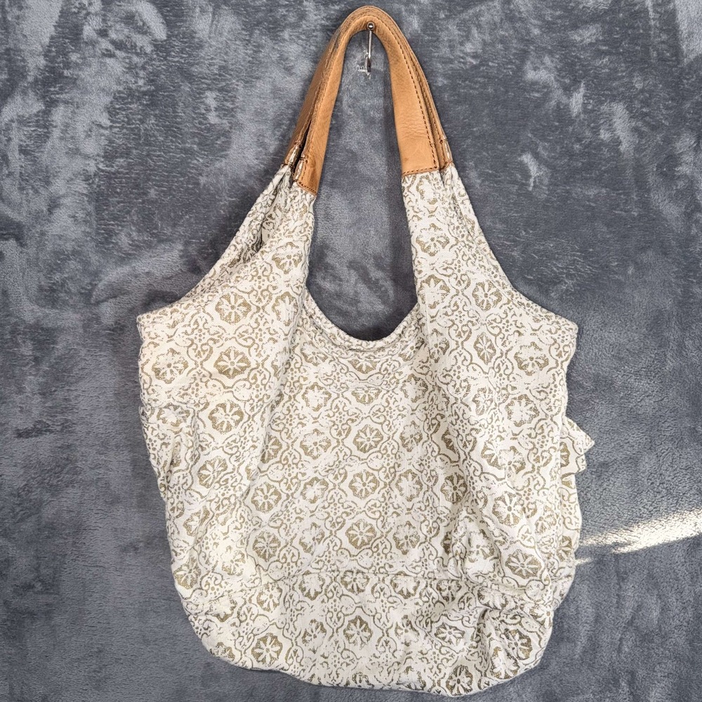 Womens Hobo Bag Cream Gold Medallion Print Genuine Leather Strap Cotton Shoulder